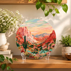 Sunset Desert Canyon Cactus Wall Plate on a tabletop stand