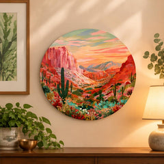 Sunset Desert Canyon Cactus Wall Plate displayed on a wall