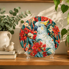 White Cockatoo Australian Botanical Wall Plate on a tabletop stand
