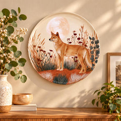 Coyote in a Moonlit Wildflower Meadow Wall Plate displayed on a wall