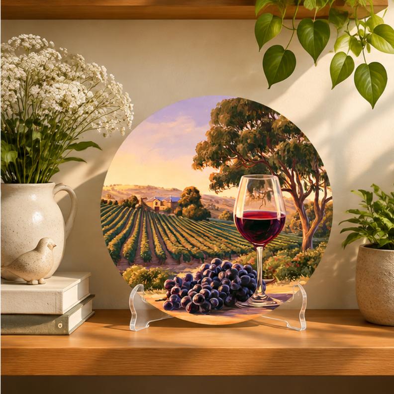Golden Hour Vineyard Red Wine Wall Plate on a tabletop stand