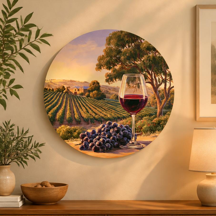 Golden Hour Vineyard Red Wine Wall Plate displayed on a wall