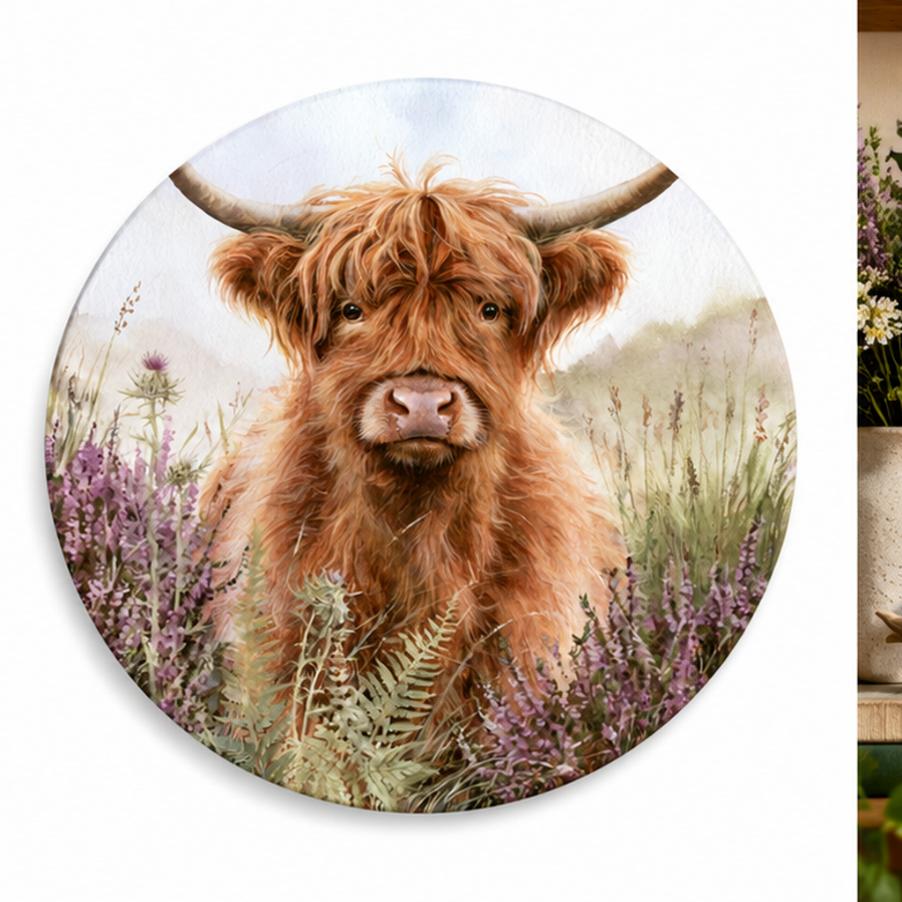 Highland Cow Purple Heather Meadow Wall Plate