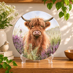 Highland Cow Purple Heather Meadow Wall Plate on a tabletop stand