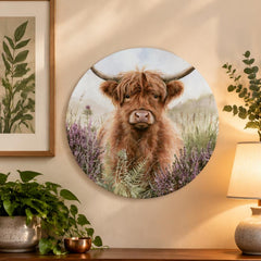Highland Cow Purple Heather Meadow Wall Plate displayed on a wall