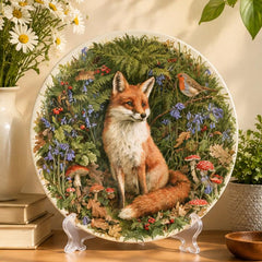 Woodland Fox & Robin Fern Wall Plate on a tabletop stand