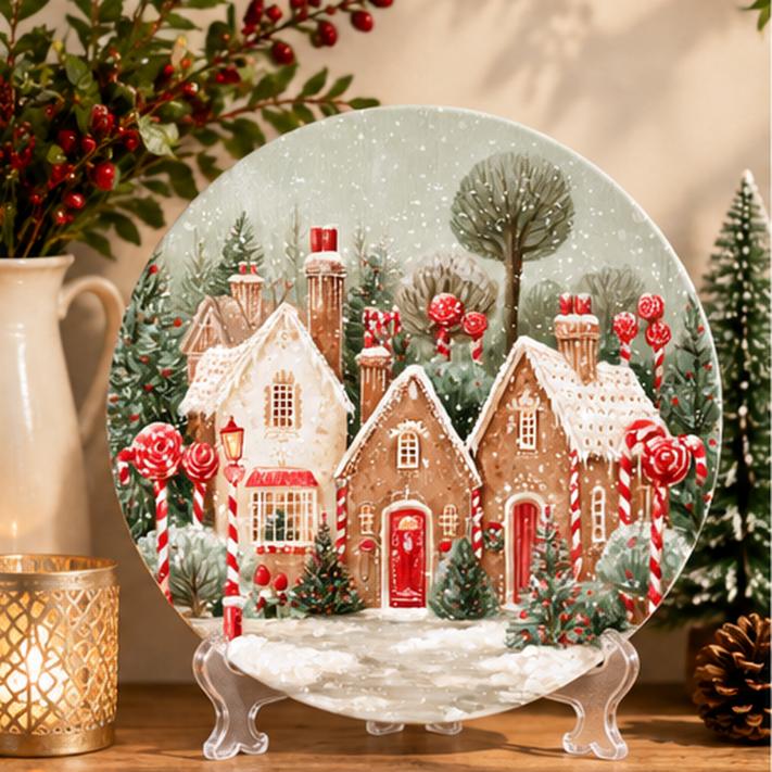 Gingerbread Village Christmas Snow Wall Plate on a tabletop stand
