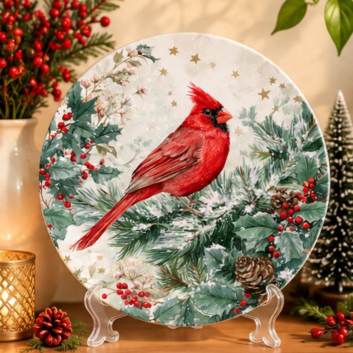 Winter Cardinal Holly & Pine Wall Plate on a tabletop stand