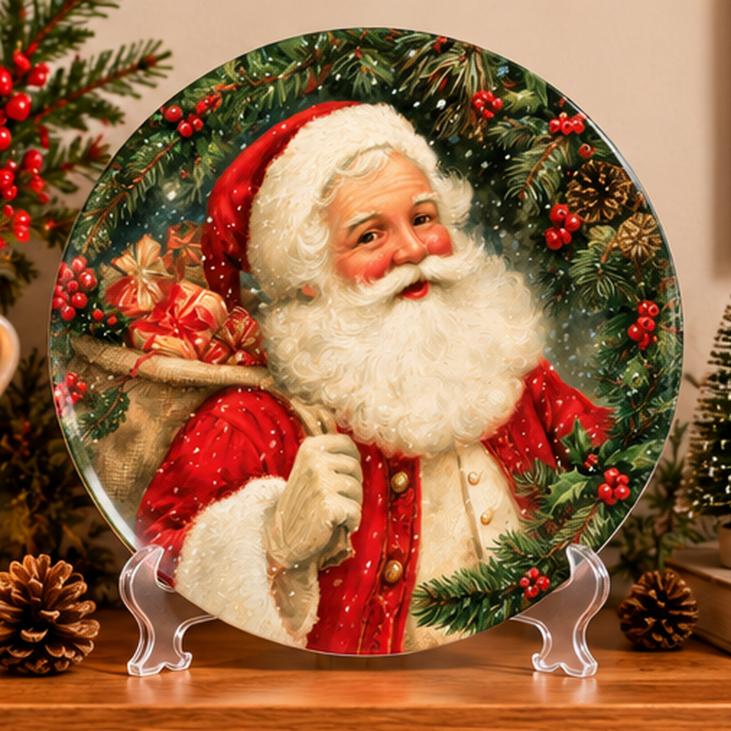 Classic Santa Evergreen Christmas Wall Plate on a tabletop stand