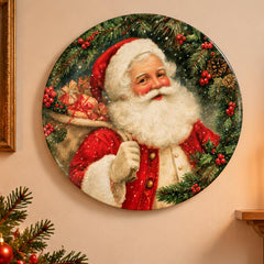 Classic Santa Evergreen Christmas Wall Plate displayed on a wall