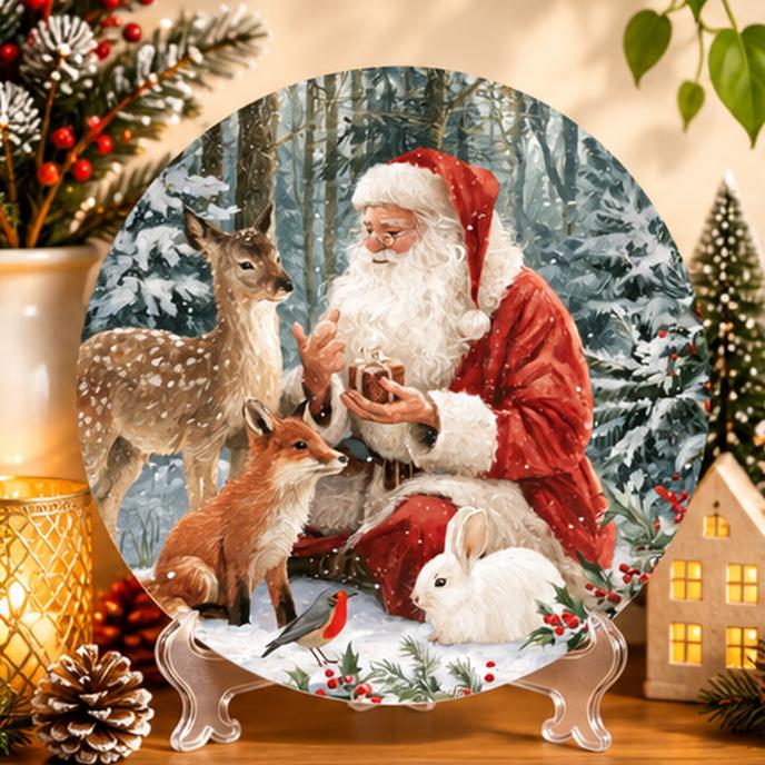 Santa & Woodland Friends Snowy Forest Wall Plate on a tabletop stand