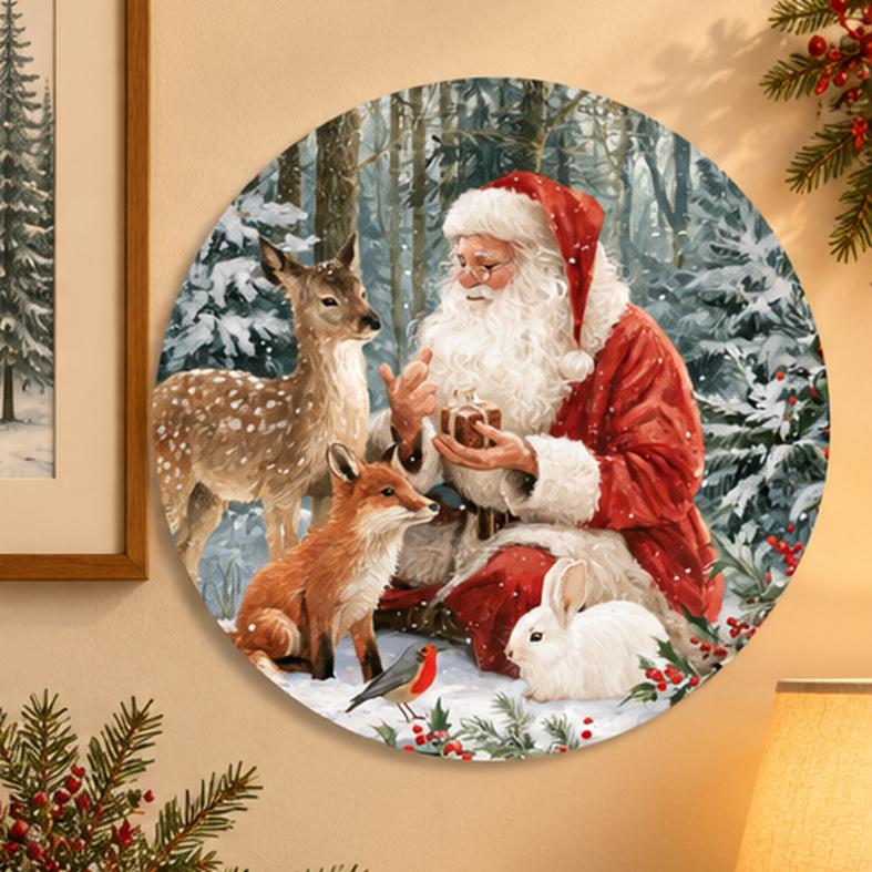 Santa & Woodland Friends Snowy Forest Wall Plate displayed on a wall