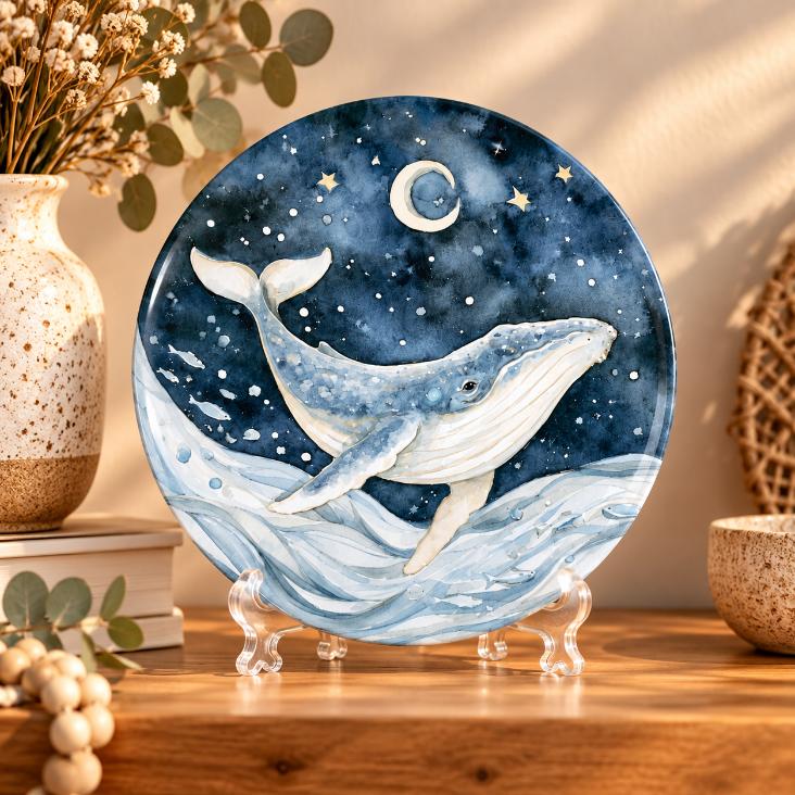 Whale Beneath the Crescent Moon Decorative Wall Plate on a tabletop stand