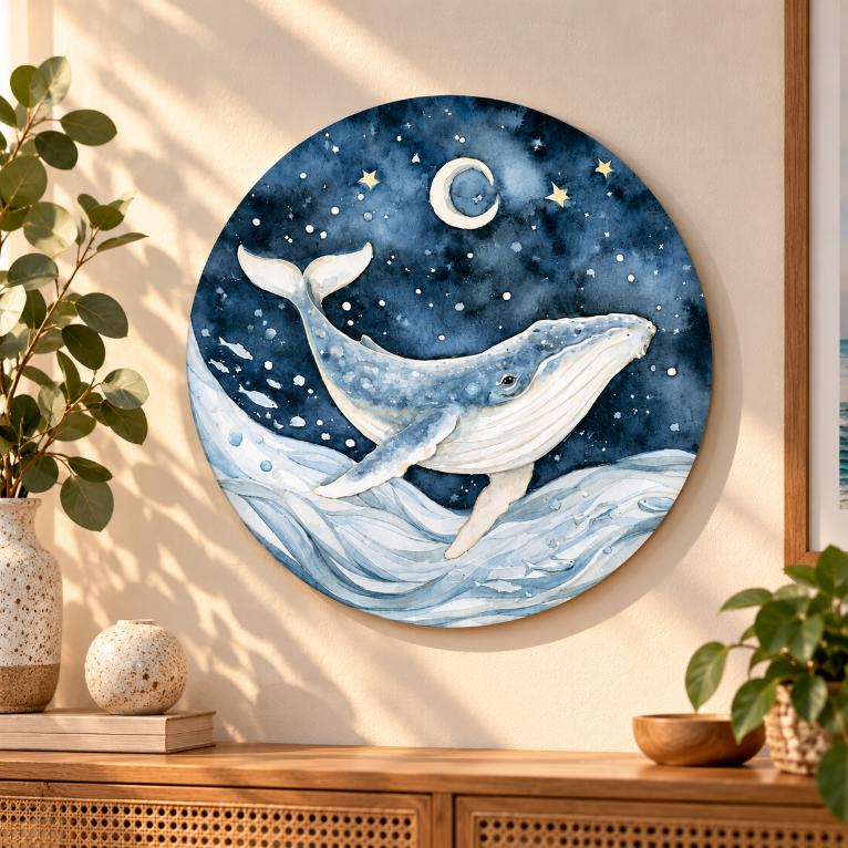 Whale Beneath the Crescent Moon Decorative Wall Plate displayed on a wall