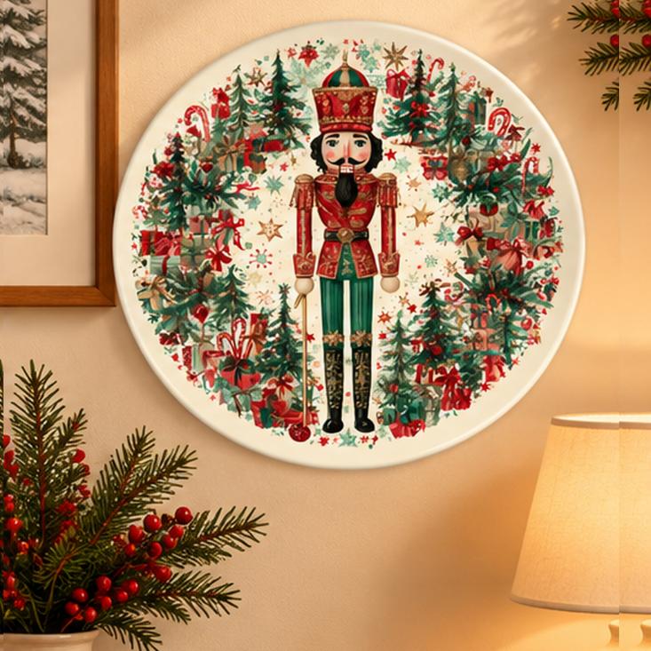 Nutcracker Evergreen Christmas Gift Wall Plate displayed on a wall