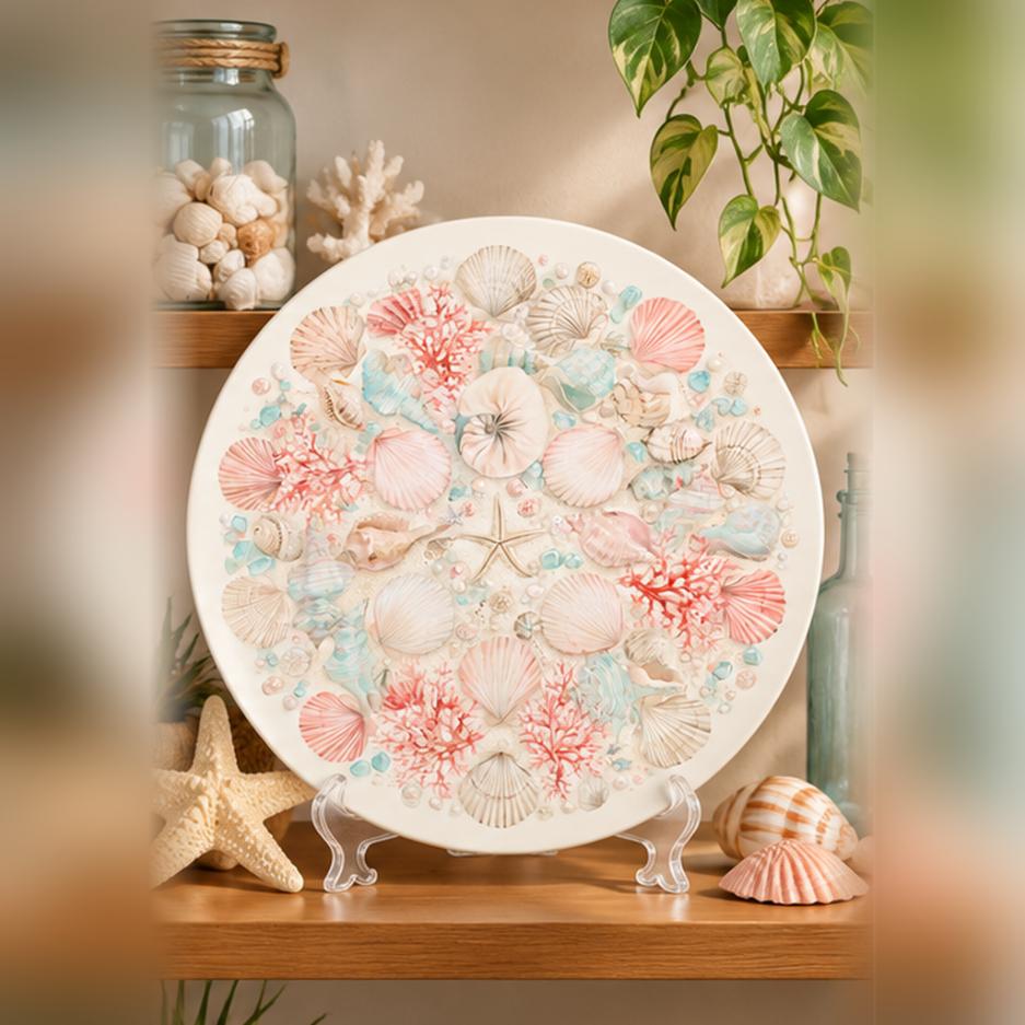 Pastel Seashell & Coral Beach Treasures Wall Plate on a tabletop stand