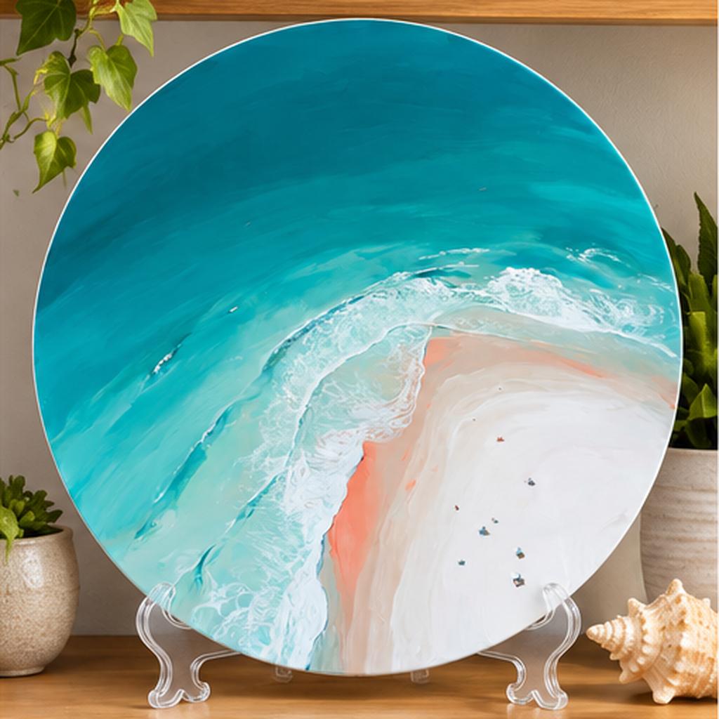 Turquoise Tidal Shore Coastal Wall Plate on a tabletop stand