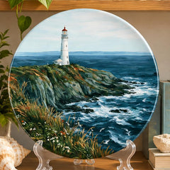 Rugged Coastal Lighthouse Seascape Wall Plate on a tabletop stand