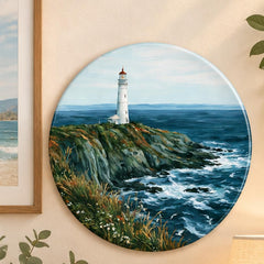 Rugged Coastal Lighthouse Seascape Wall Plate displayed on a wall