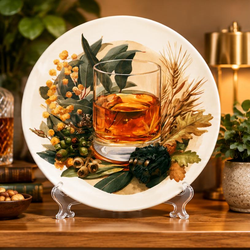 Amber Spirit Botanical Still Life Wall Plate on a tabletop stand