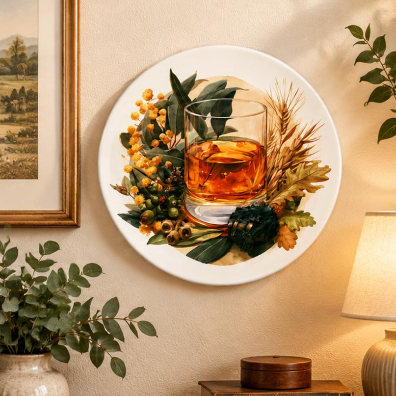 Amber Spirit Botanical Still Life Wall Plate displayed on a wall