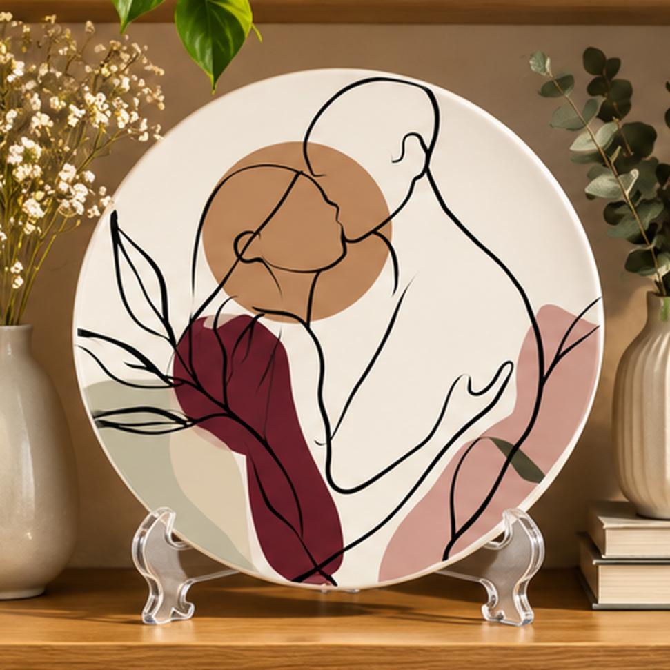 Earth Tone Abstract Line Figure Wall Plate on a tabletop stand