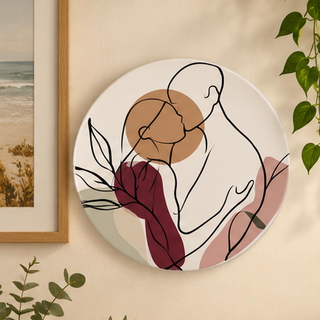 Earth Tone Abstract Line Figure Wall Plate displayed on a wall