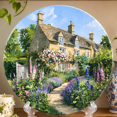 Cottage Garden Country House Wall Plate on a tabletop stand