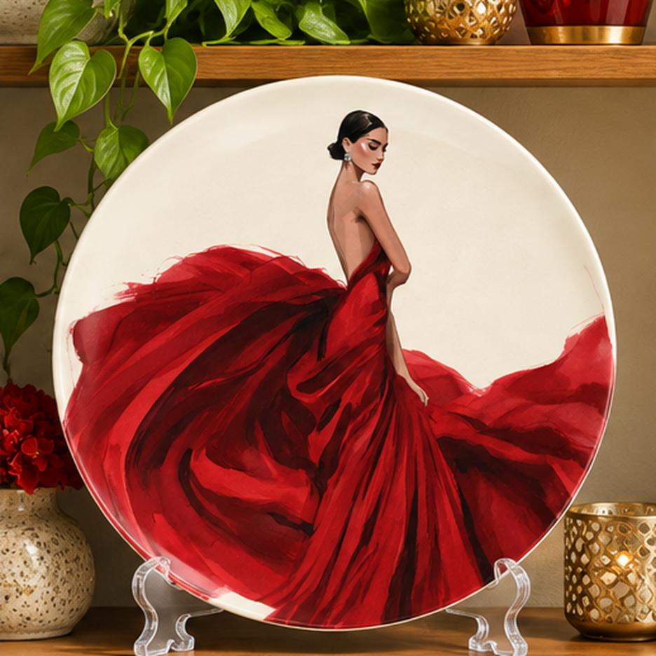 Scarlet Gown Elegance Fashion Wall Plate on a tabletop stand