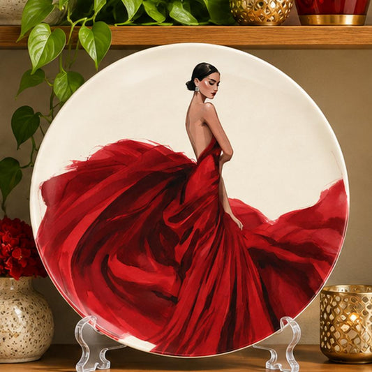 Scarlet Gown Elegance Fashion Wall Plate on a tabletop stand