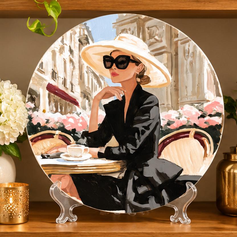 Parisian Café Chic Fashion Wall Plate on a tabletop stand