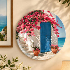 Santorini Bougainvillea Blue Door Wall Plate displayed on a wall
