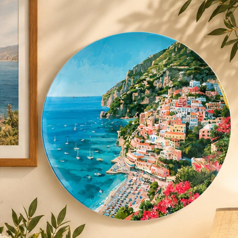 Positano Amalfi Coast Panorama Wall Plate displayed on a wall