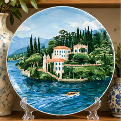 Lake Como Lakeside Villa Wall Plate on a tabletop stand