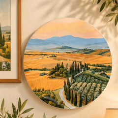 Golden Hour Tuscan Countryside Wall Plate displayed on a wall