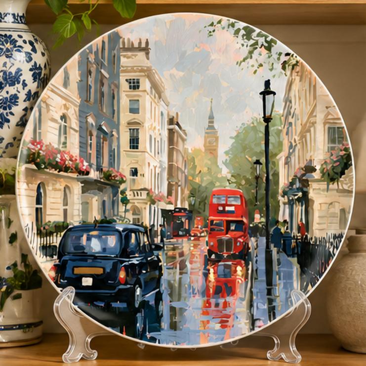 London Rainy Day Red Bus Wall Plate on a tabletop stand