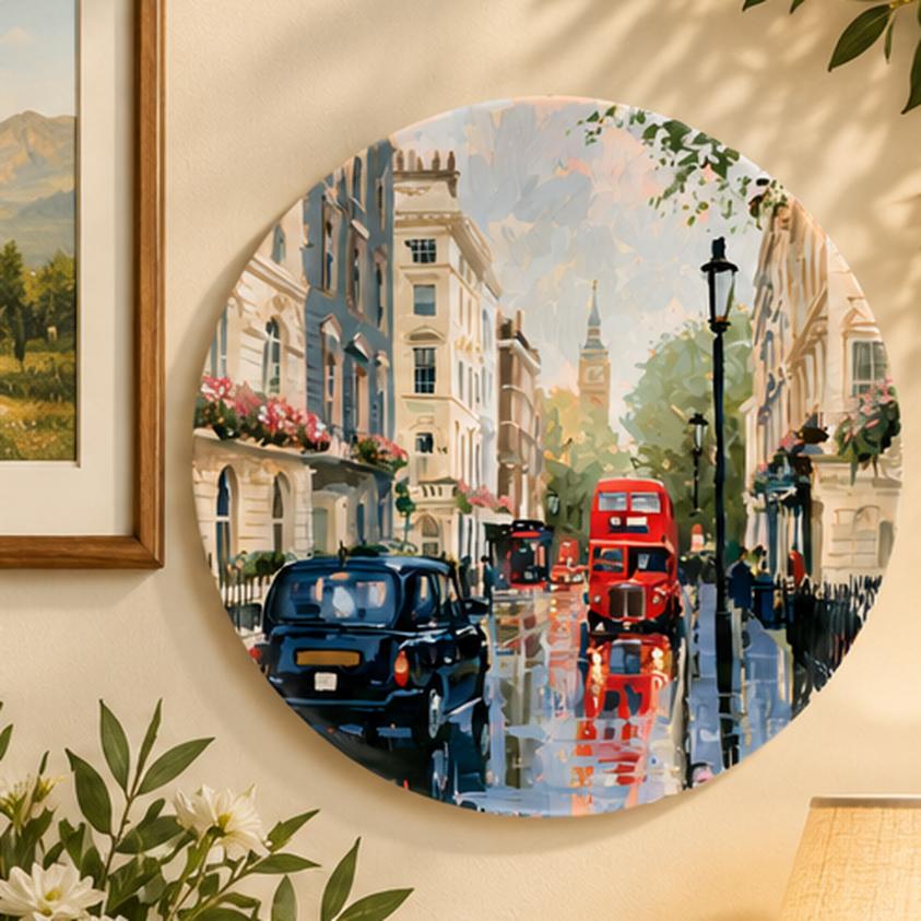 London Rainy Day Red Bus Wall Plate displayed on a wall