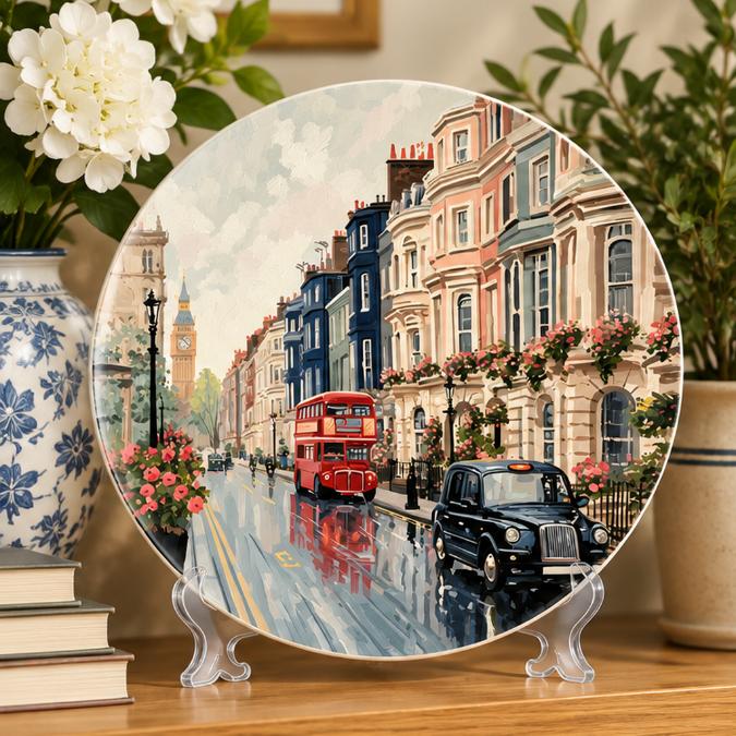 London Rose-Lined Street Wall Plate on a tabletop stand