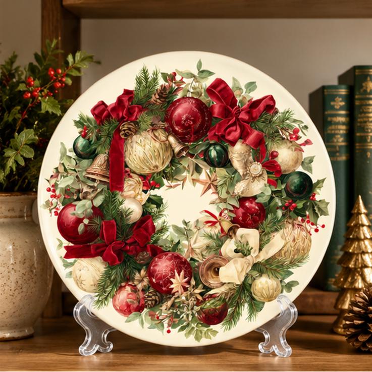 Victorian Christmas Wreath Wall Plate on a tabletop stand