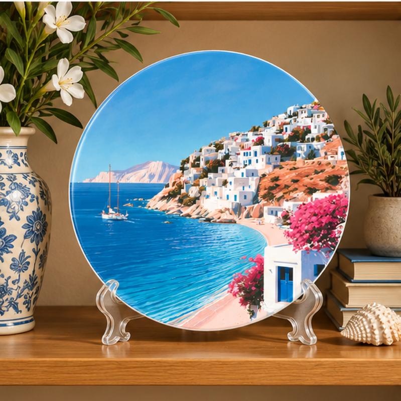 Santorini Azure Bay Wall Plate on a tabletop stand