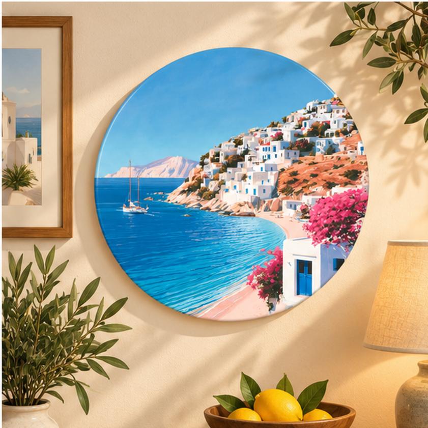 Santorini Azure Bay Wall Plate displayed on a wall