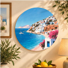 Santorini Azure Bay Wall Plate displayed on a wall
