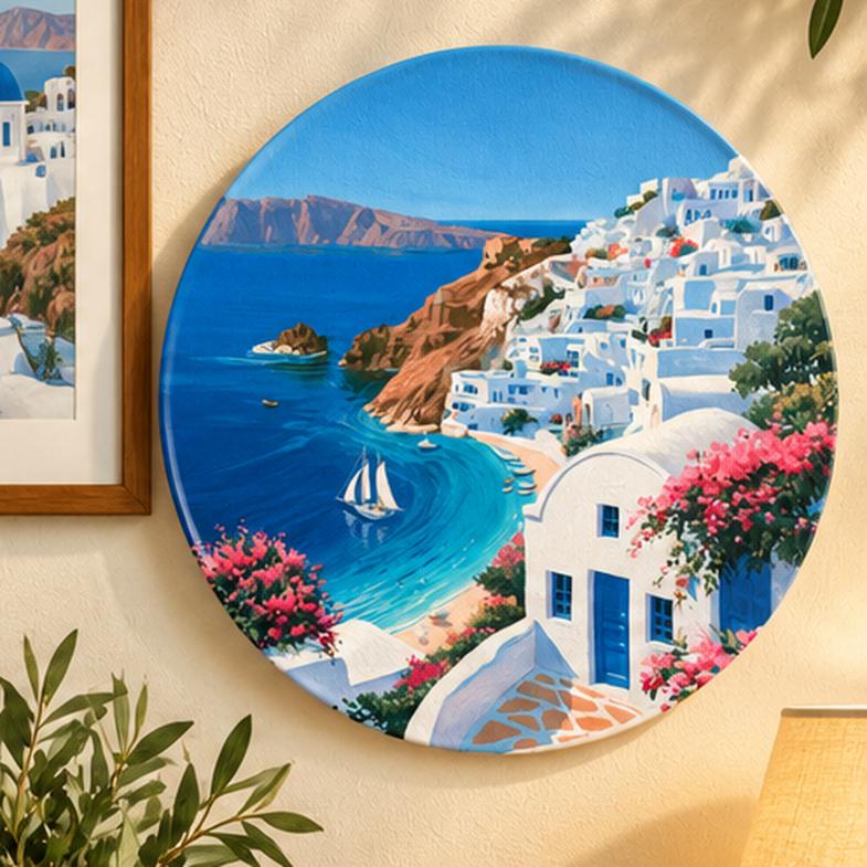 Santorini Bougainvillea Cove Wall Plate displayed on a wall