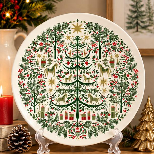 Nordic Christmas Folk Garden Wall Plate on a tabletop stand