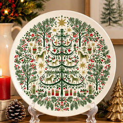 Nordic Christmas Folk Garden Wall Plate on a tabletop stand