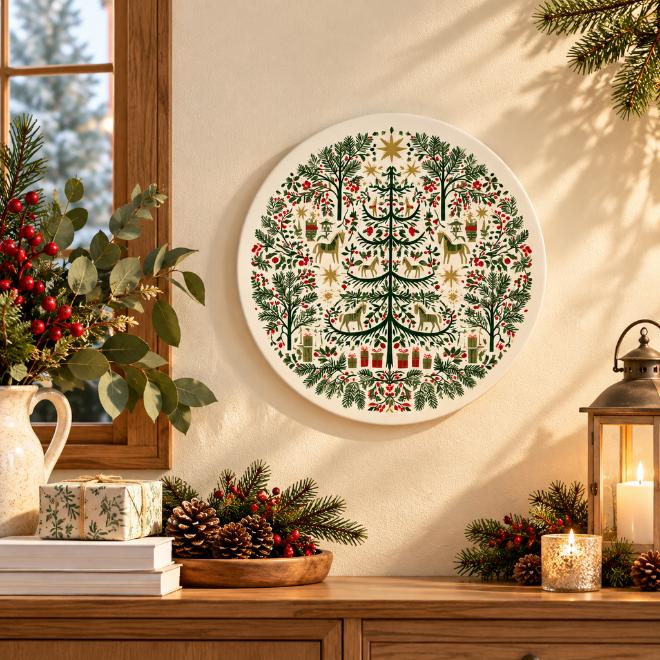 Nordic Christmas Folk Garden Wall Plate displayed on a wall