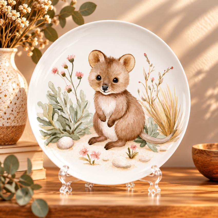 Baby Quokka & Wildflowers Wall Plate on a tabletop stand
