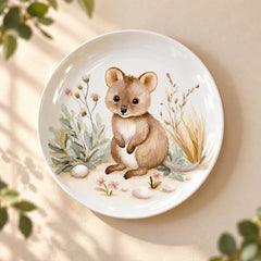 Baby Quokka & Wildflowers Wall Plate displayed on a wall