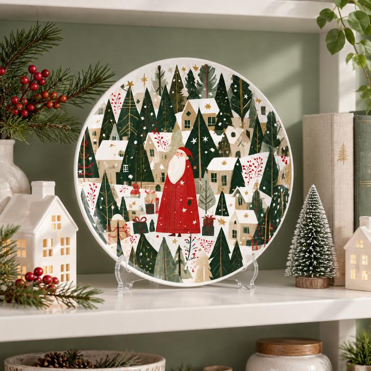Santa's Enchanted Winter Village Wall Plate on a tabletop stand