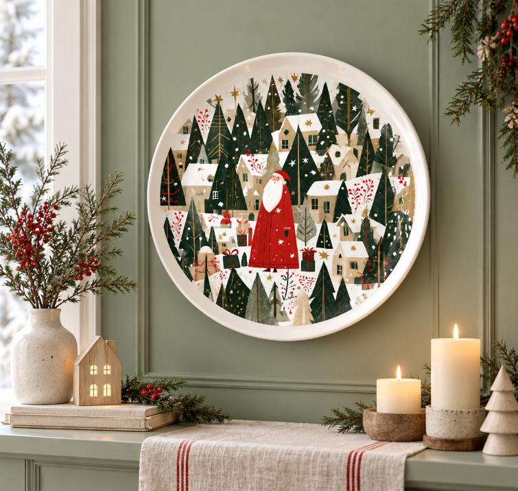 Santa's Enchanted Winter Village Wall Plate displayed on a wall
